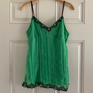 Vintage Y2K Bella Fairy Sequin Tank Top Whimsigoth Green Brown Lace Sheer Mesh